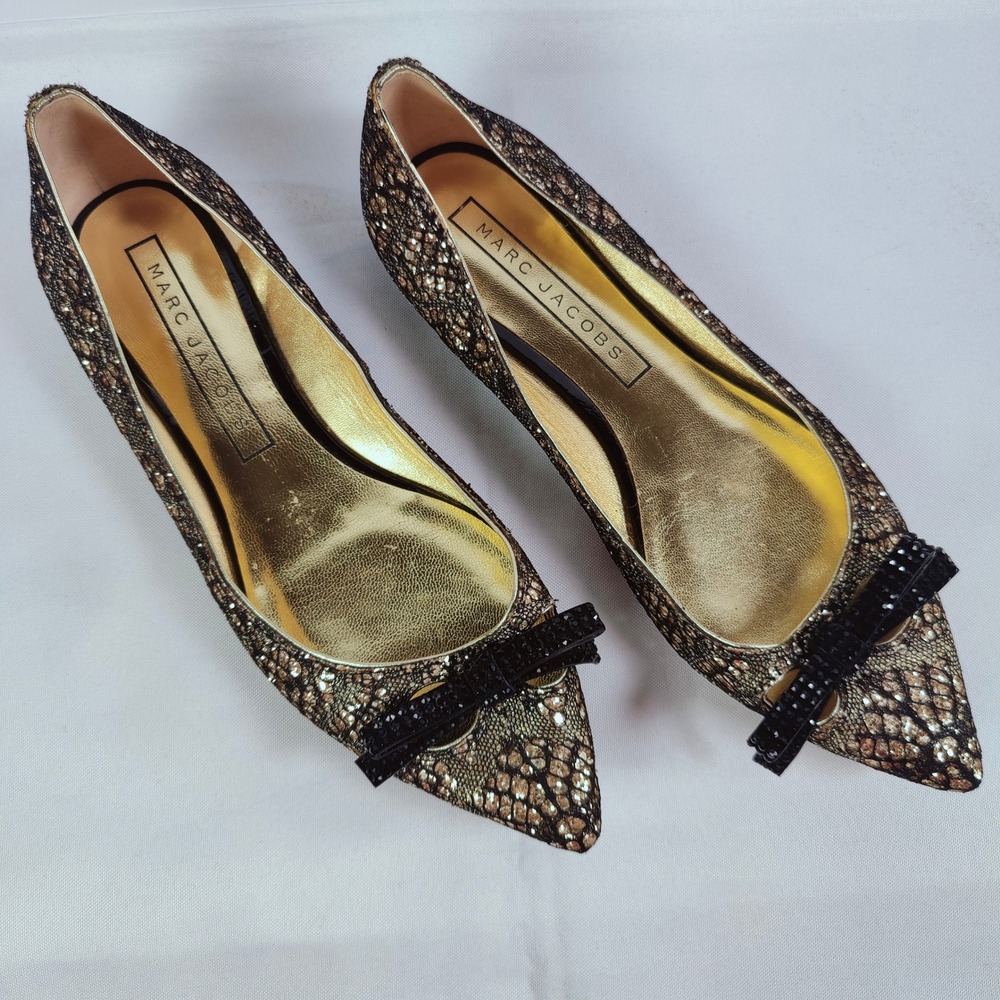 Marc Jacobs Ballet Flats Gold Black Lace Pointed Toe Bows Rhinestones‎ Party 37